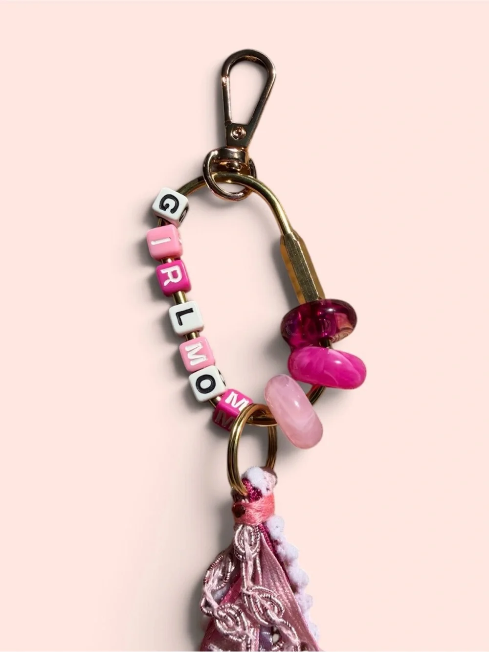 Pink GIRLMOM Bead Tassel Keychain/ Bag Charm with Letter Beads